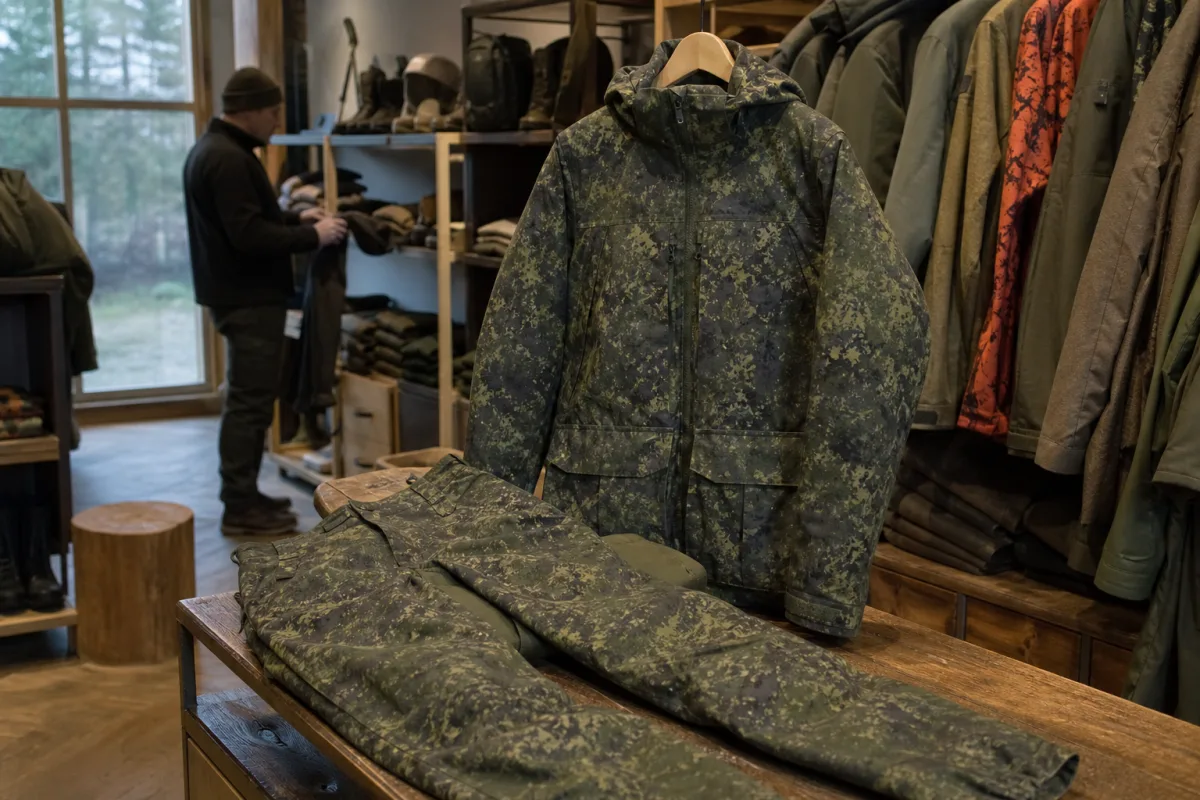 Jaktjacka och jaktbyxa i grönt kamouflagemönster utlagda i en butiksmiljö