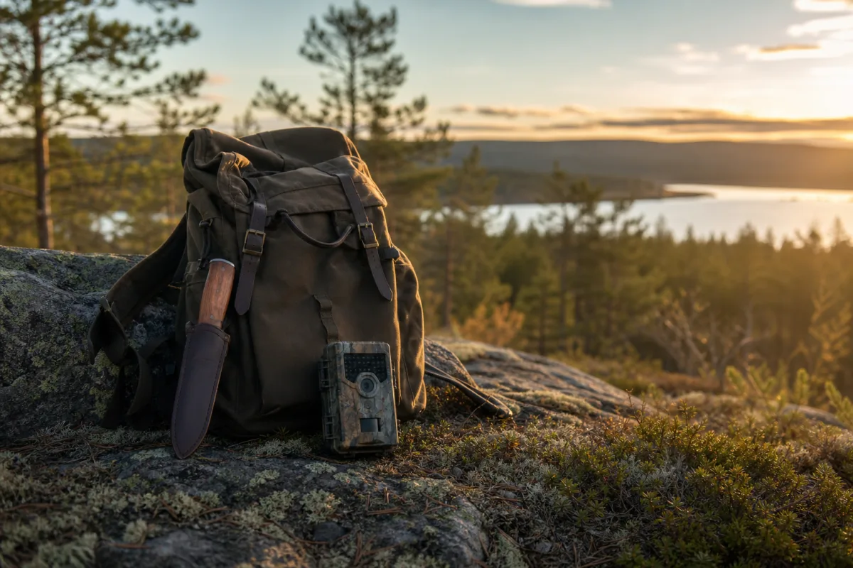 Jaktkniv, jaktryggsäck och viltkamera utlagda tillsammans i fältmiljö