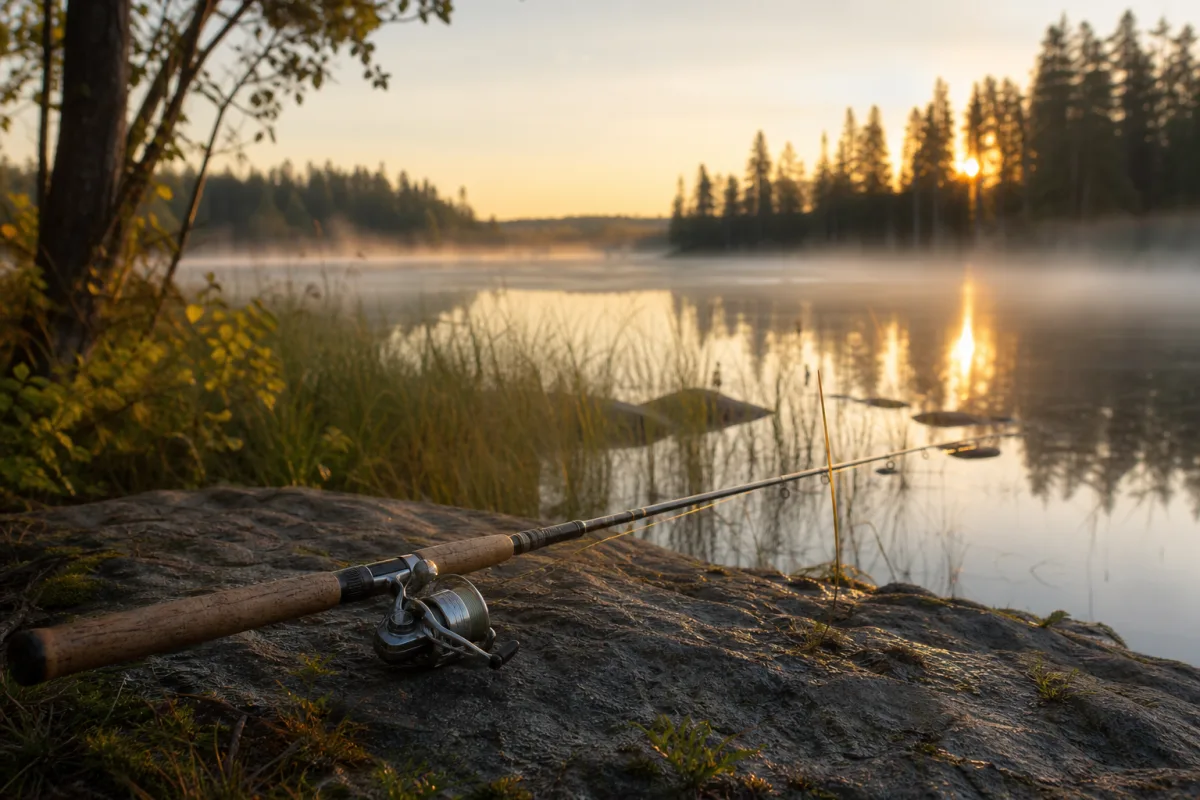 Fiskespö och haspelrulle upplagda vid en sjö i morgonljus