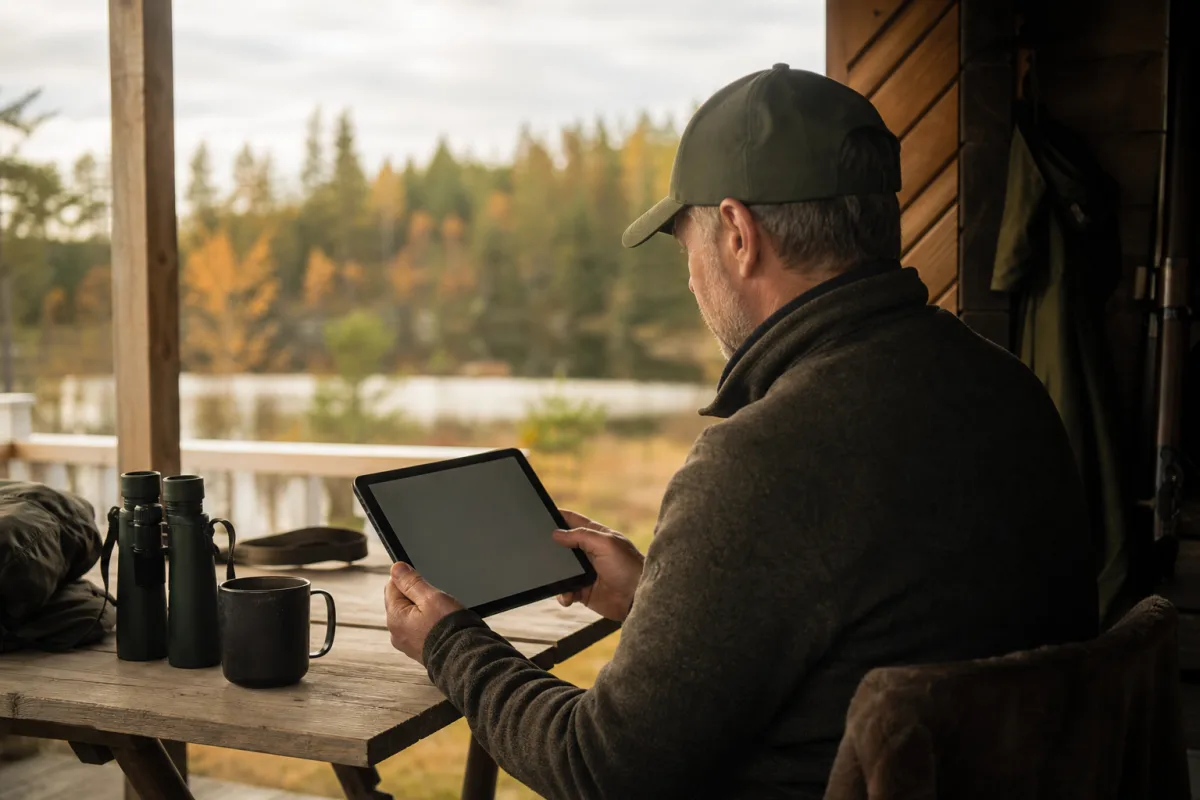 Jägare bläddrar i sortimentet i en webbutik för jaktutrustning på en surfplatta