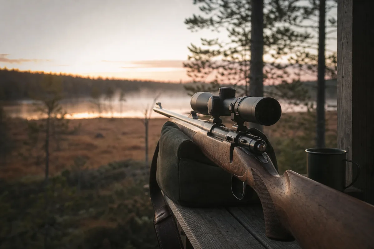 Kikarsikte monterat på jaktvapen fotograferat i studiomiljö