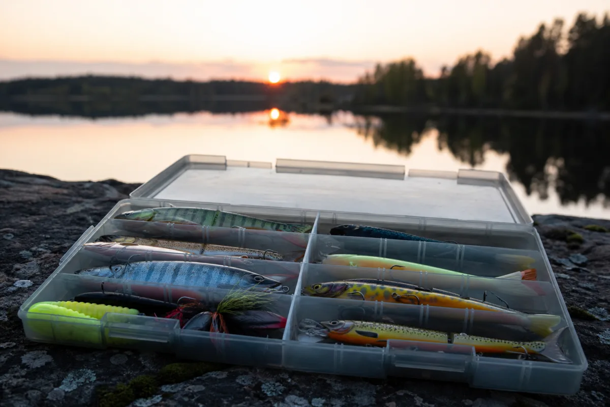 Urval av gäddbeten i olika storlekar och färger i en betesbox