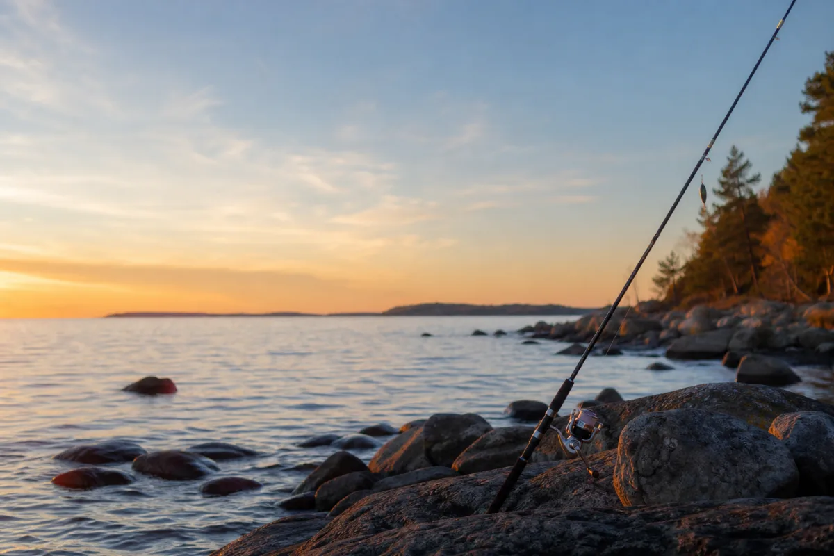 Fiskespö med haspelrulle lutat mot ett stenigt strandparti