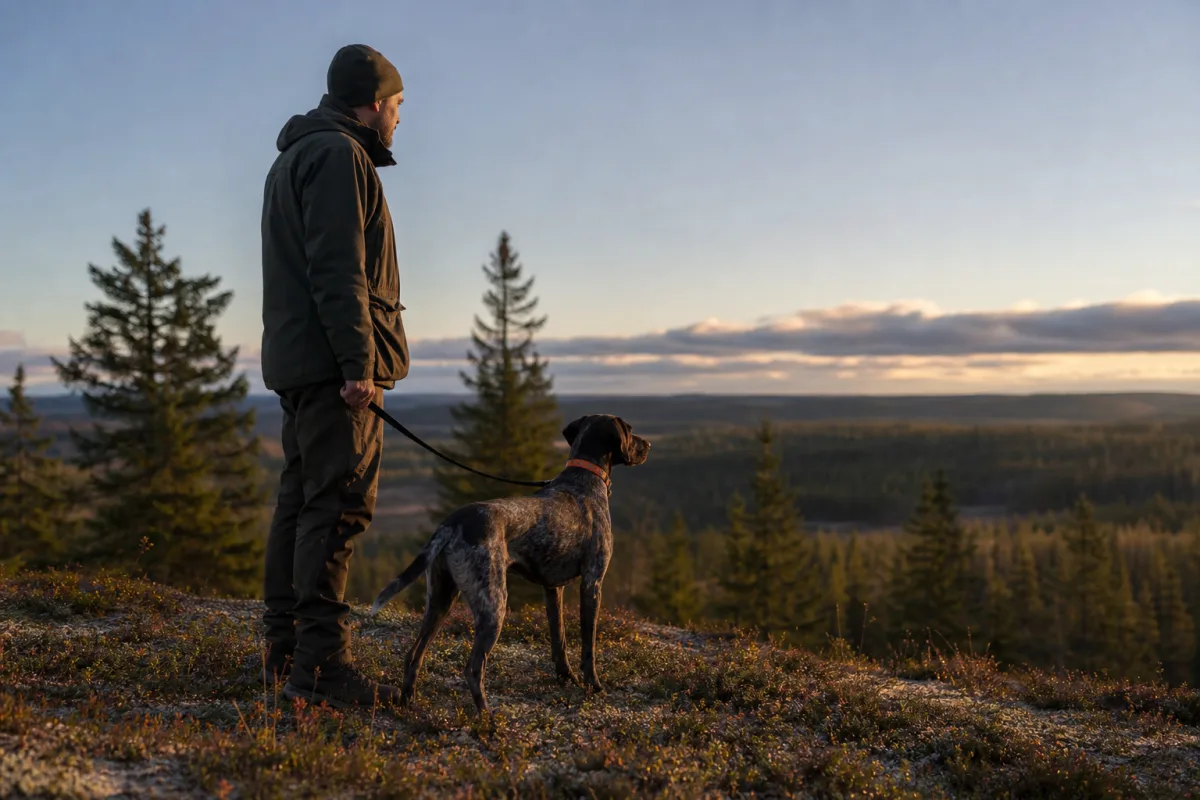 Jägare håller kontroll på sin jakthund vid koppel innan släpp i fält