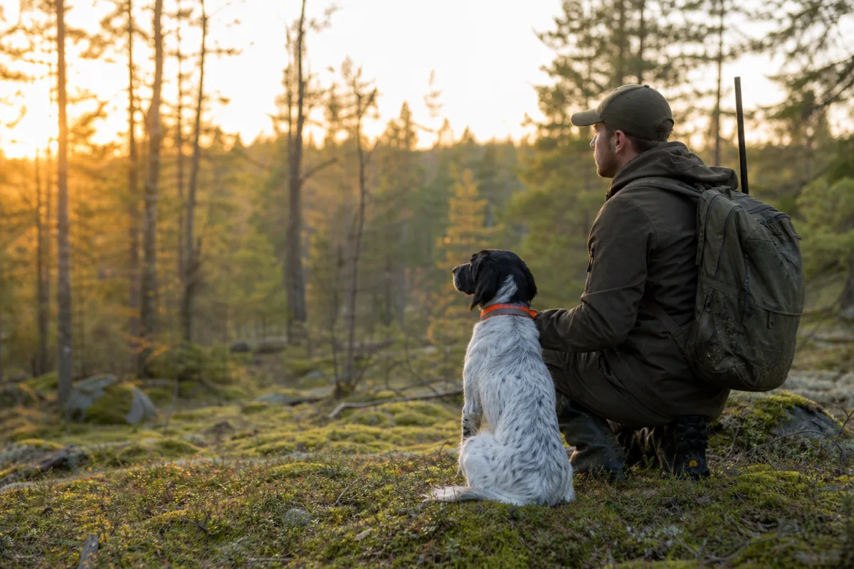 Jakthund arbetar i skogsterräng under jakt tillsammans med sin förare