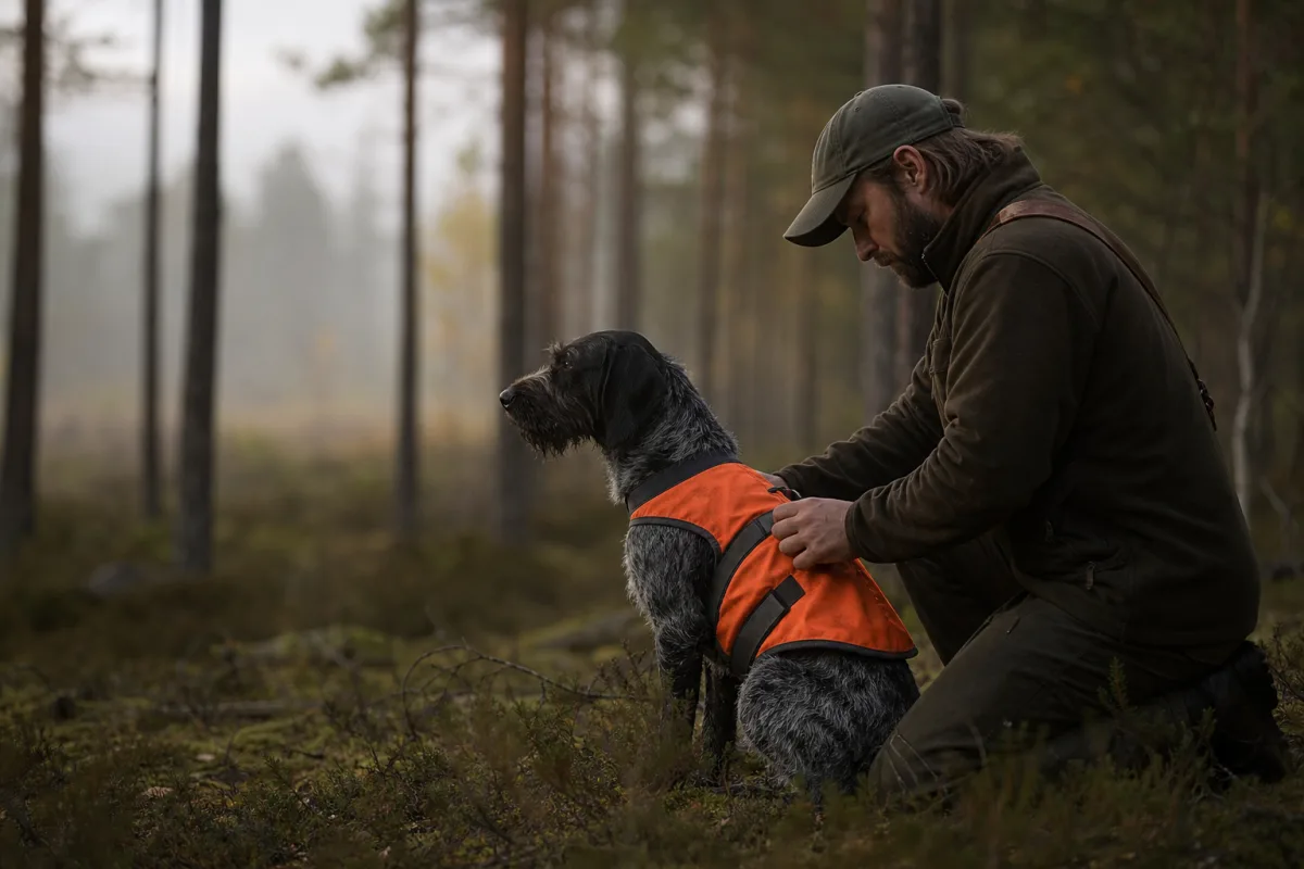 Jakthund bär skyddsväst inför jakt i tät skogsterräng