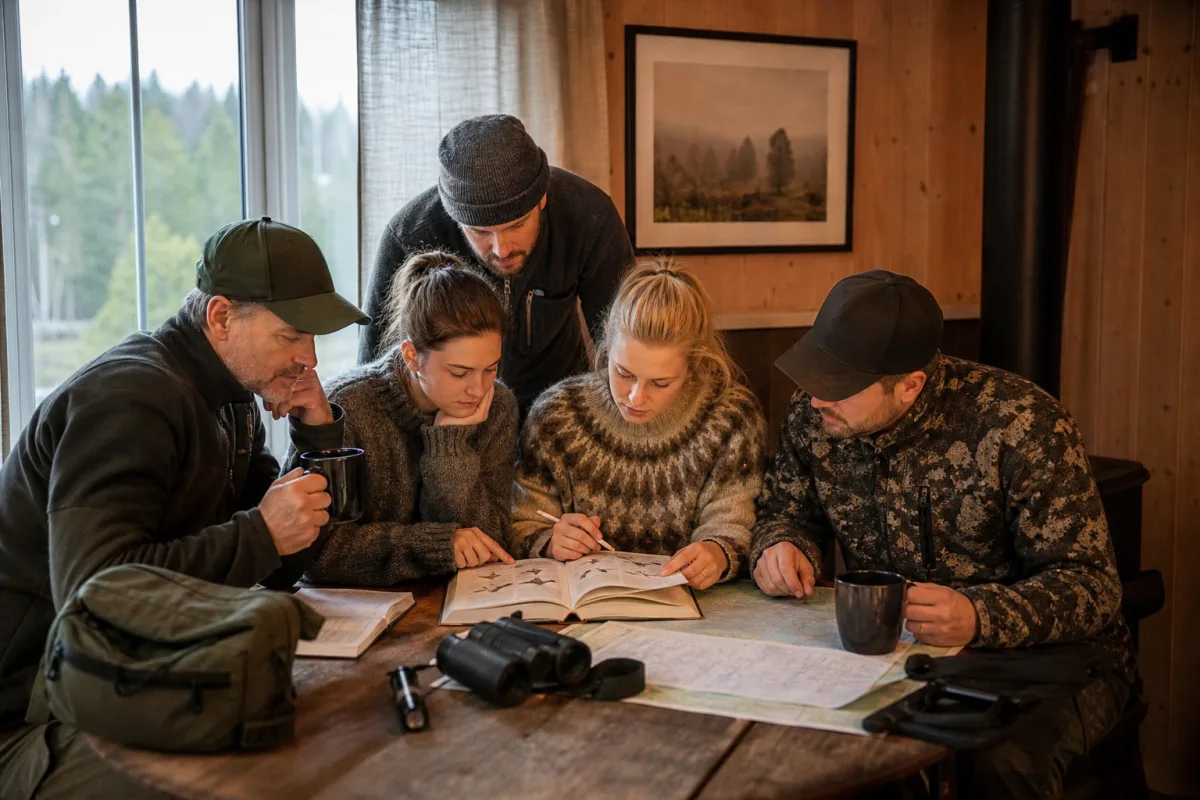 Kursdeltagare samlade kring studiematerial för jägarexamen under en intensiv kursdag
