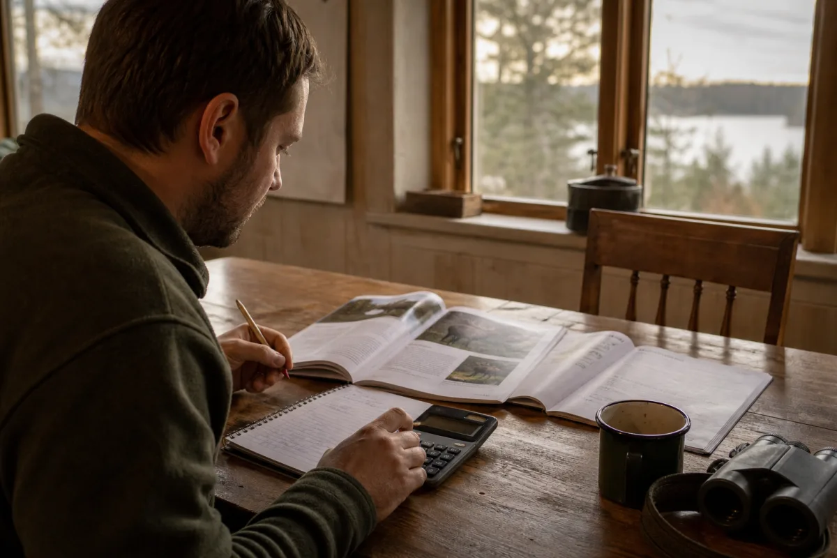 Miniräknare och studiematerial för jägarexamen på ett skrivbord
