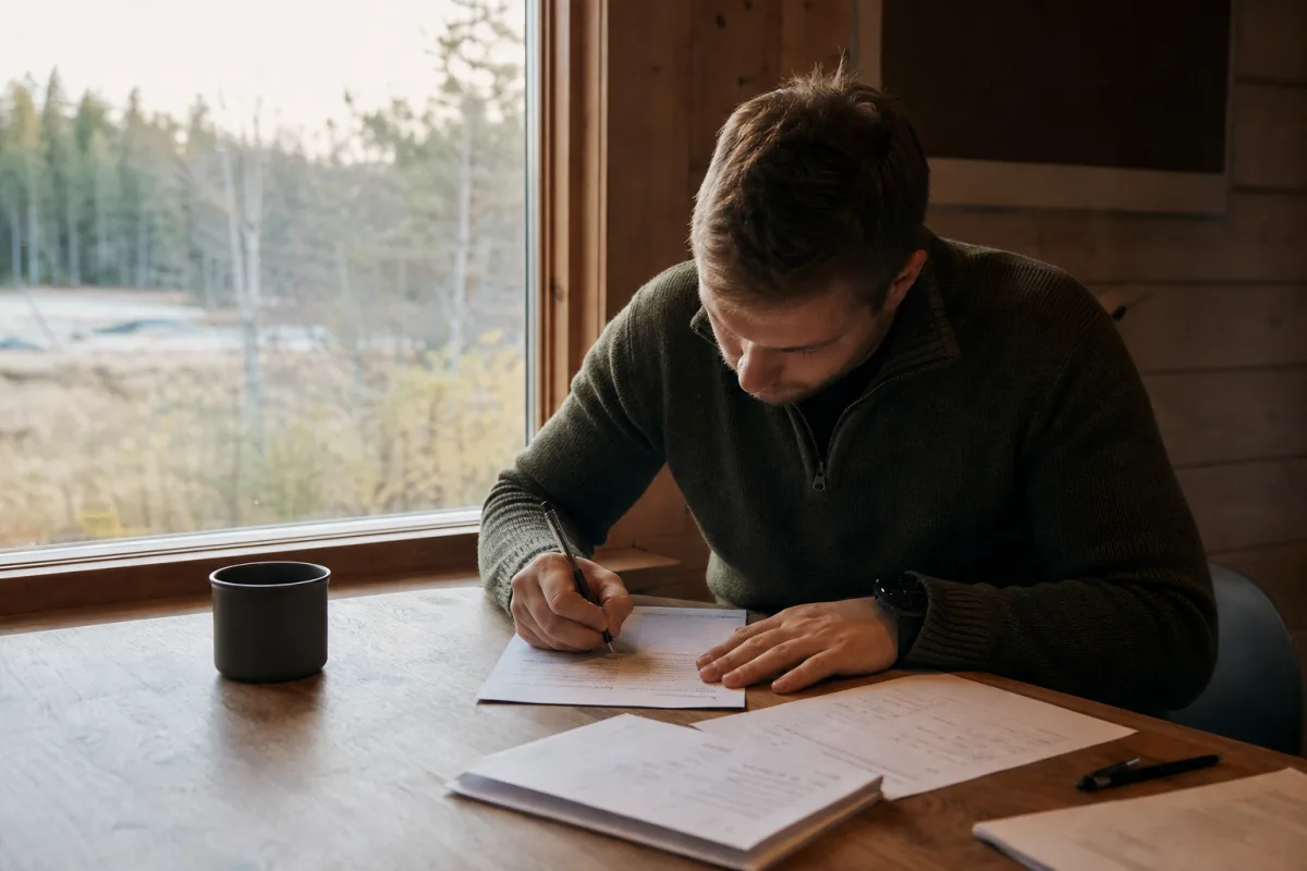 Provdeltagare fyller i teoriprov för jägarexamen med penna på papper