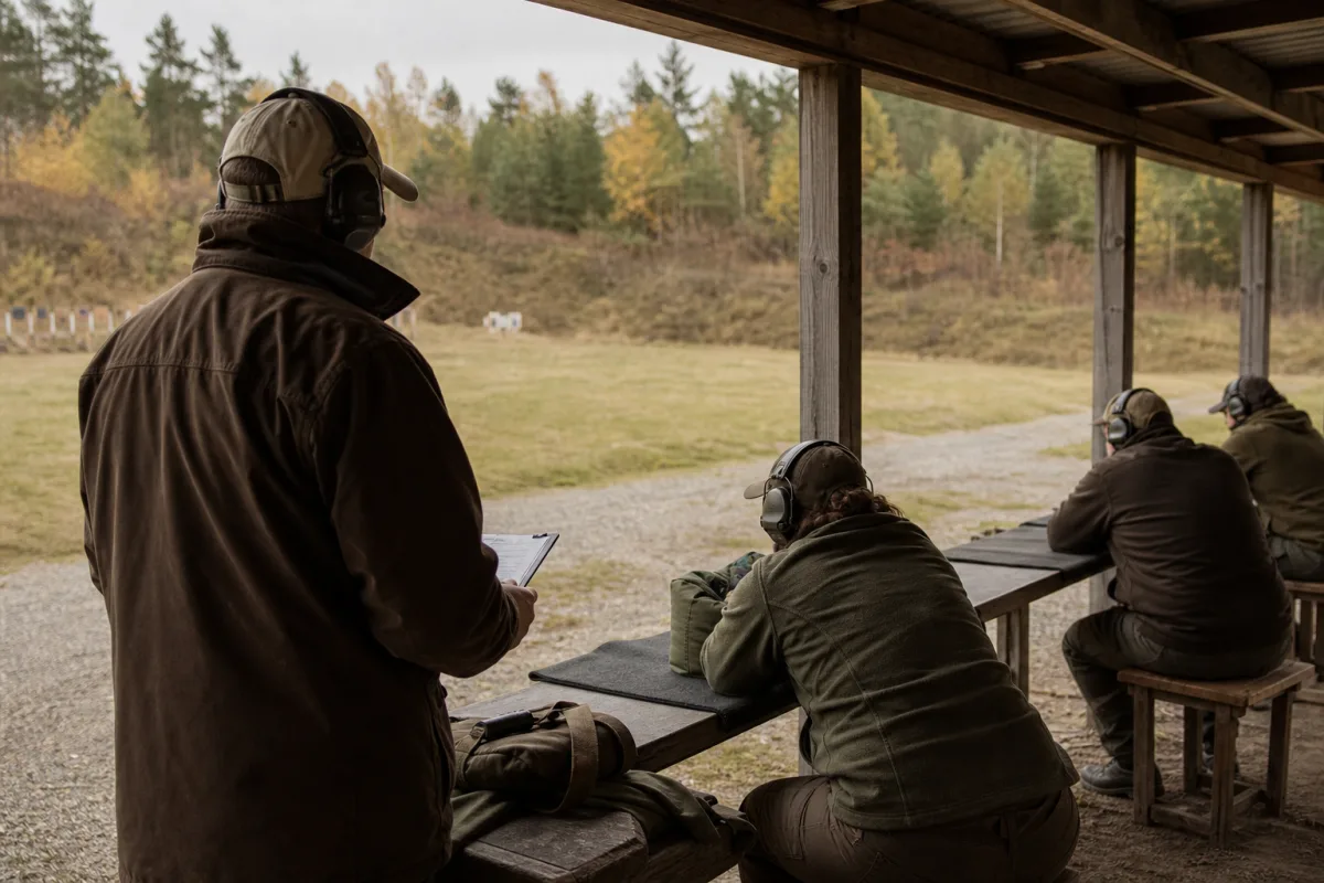Jägarexamensdeltagare på en skjutbana under uppsikt av provledare