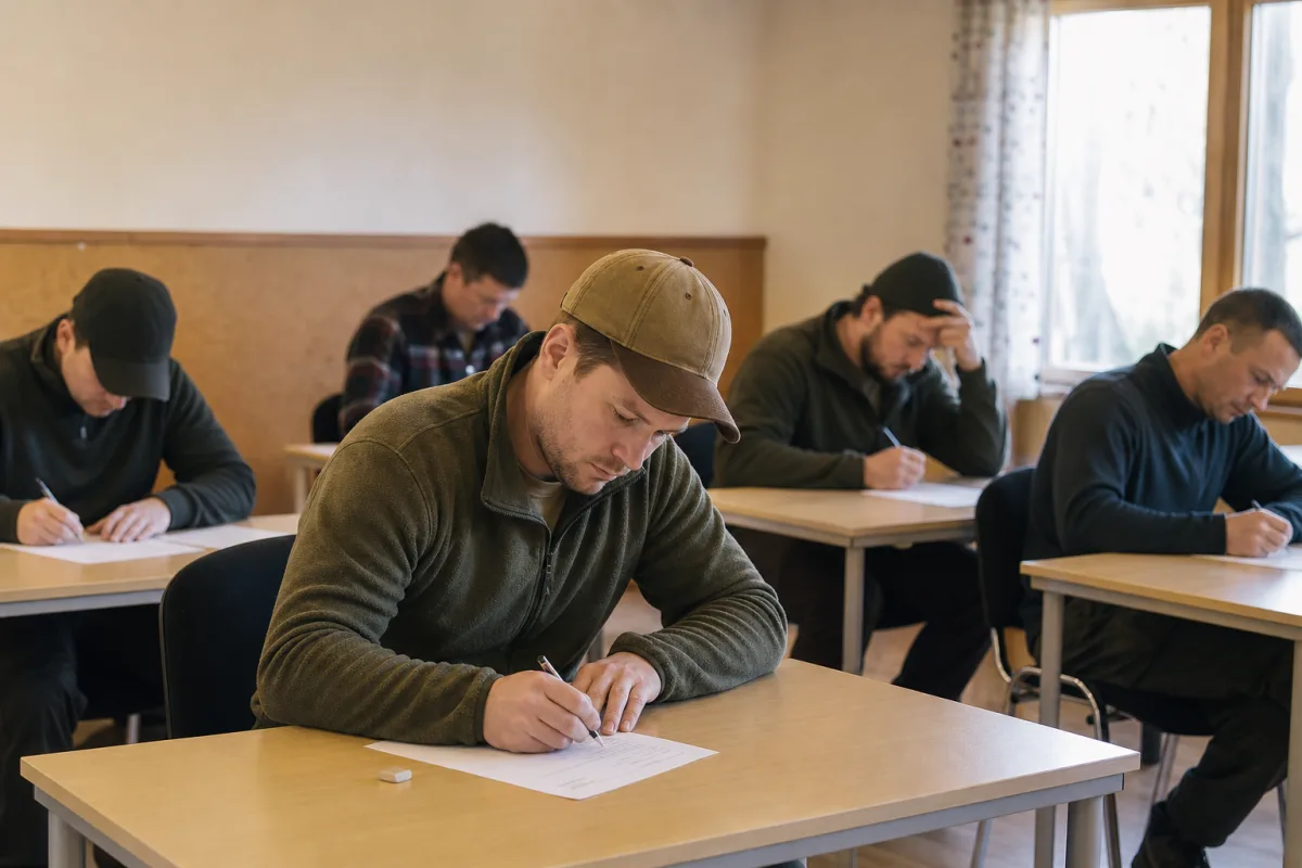 Jägarexamensdeltagare med skrivmaterial vid ett provtillfälle inomhus