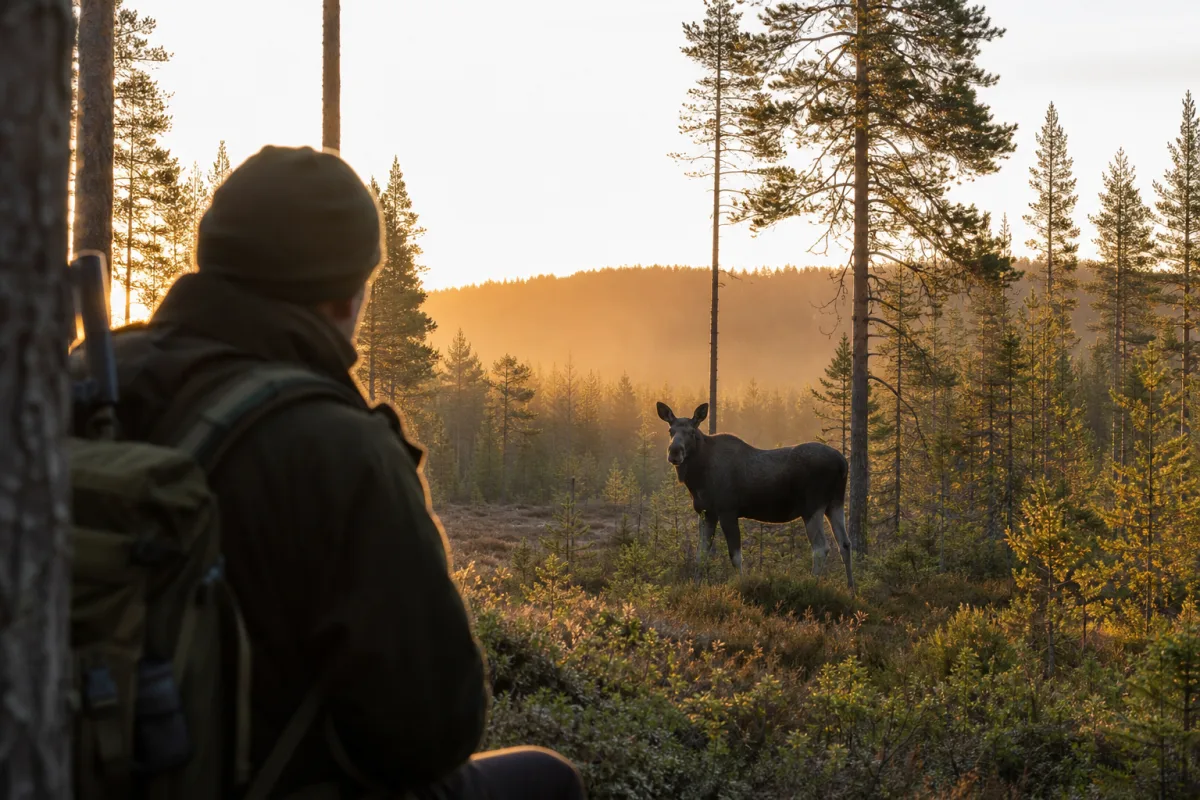 Älg i skogsmark i gryningsljus, vy från ett jaktpass
