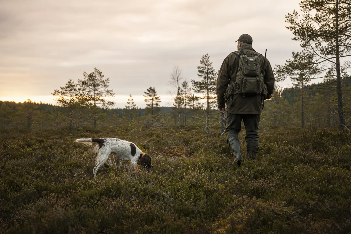 Jakthund söker i terräng bredvid sin förare under jakt