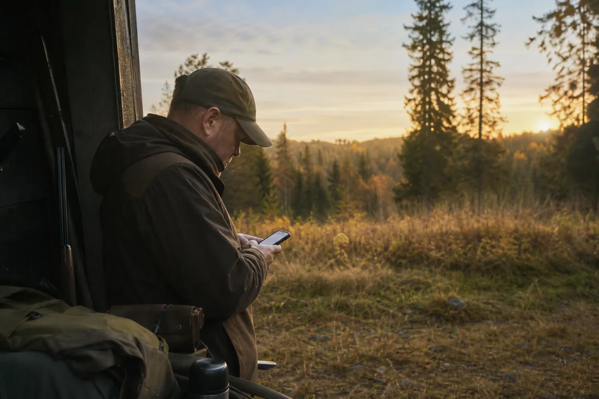 Jägare kontrollerar aktuell information på mobilen inför en jaktdag