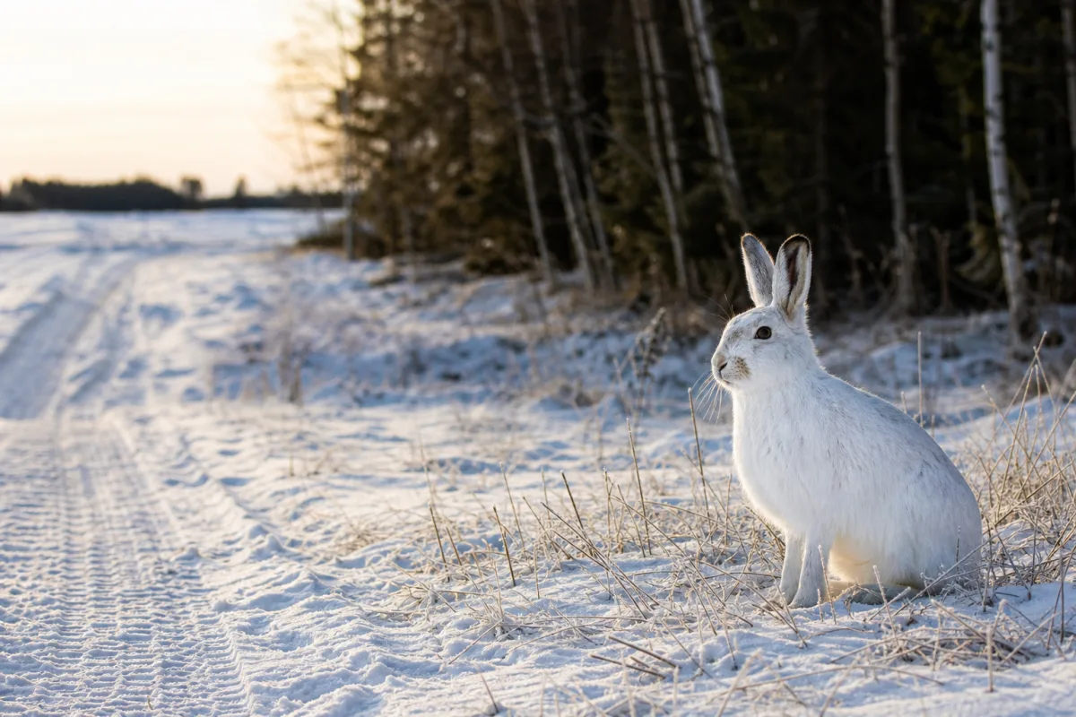 Hare i vinterlandskap vid skogsbryn