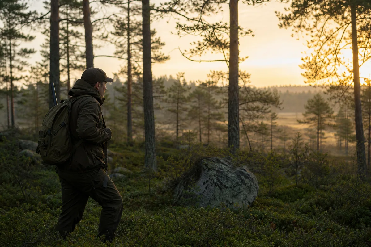 Jägare rör sig tyst genom skogsterräng i gryningsljus