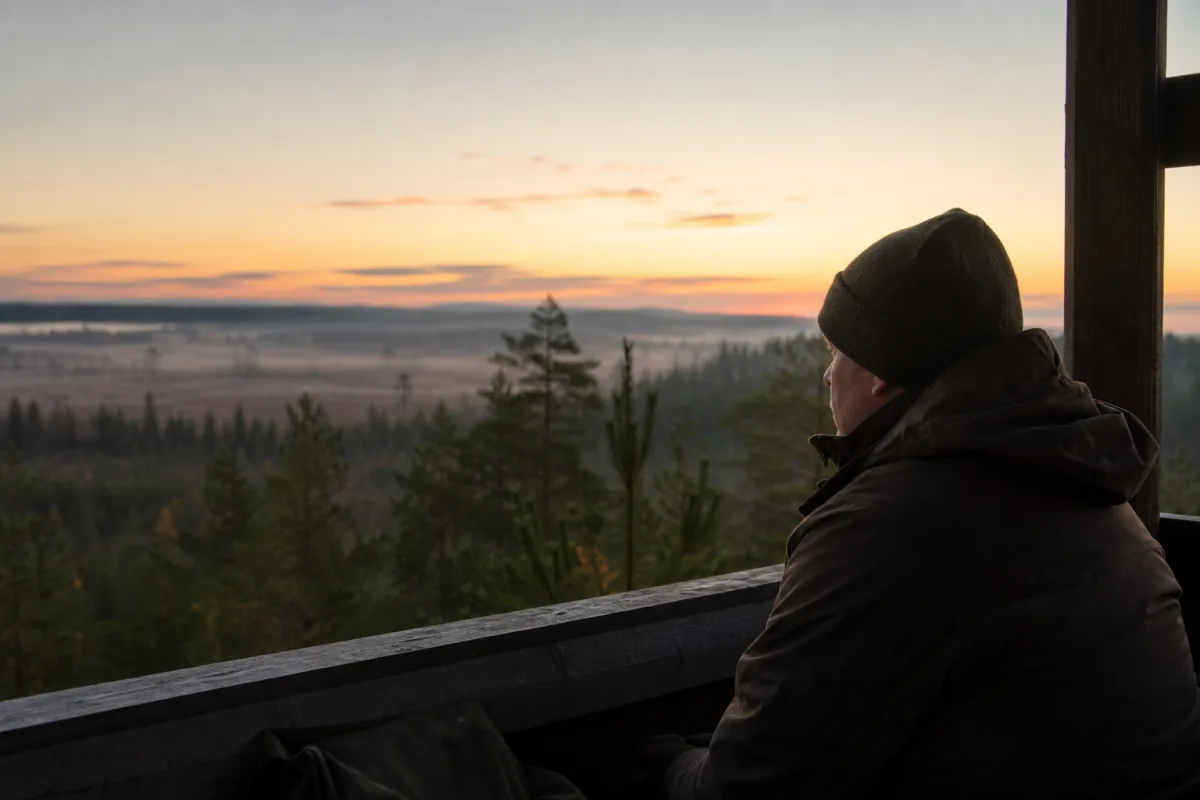 Jägare i varm jaktjacka sitter stilla på jakttorn i gryningsljus