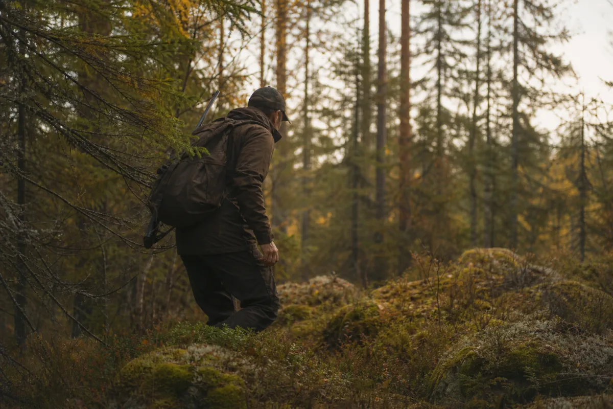 Jägare i tysta, rörliga jaktkläder smyger fram genom skogsterräng