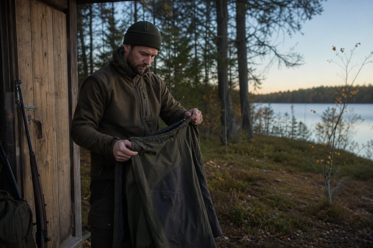 Jägare i lagerklädsel kontrollerar jaktjacka och byxa före jakt i skogsterräng