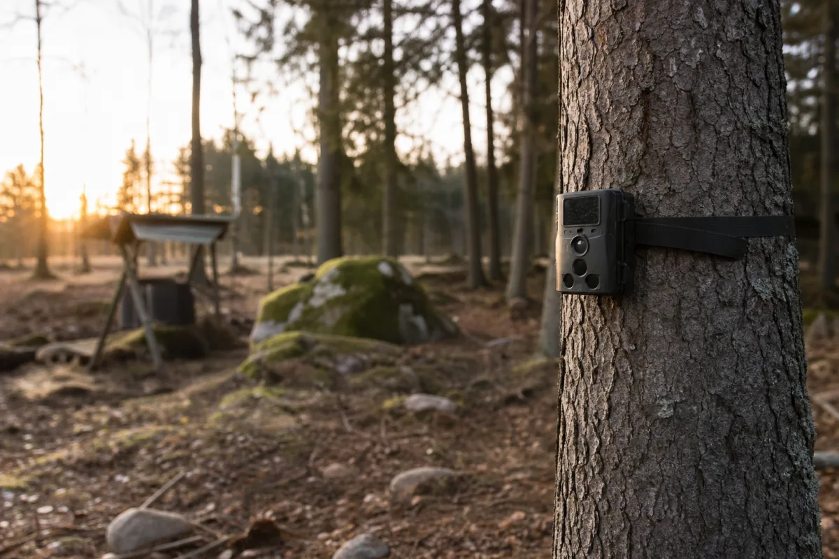 Åtelkamera monterad vid trädstam nära åtel