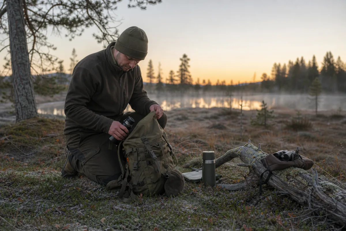 Kompakt jaktryggsäck packad för en dags jakt