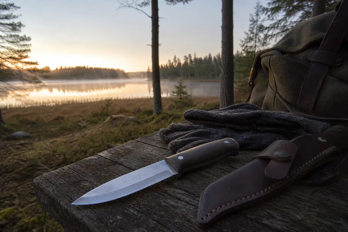 Jaktkniv med fast blad ligger redo för fältbruk vid urtagning