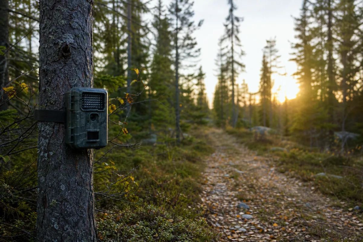 Viltkamera monterad vid stig i skogsmark
