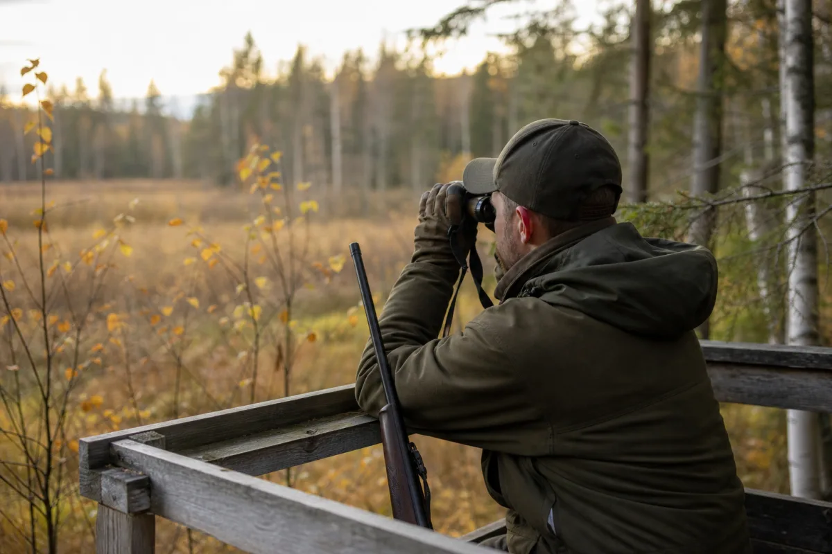 Jägare på pass under drevjakt med kikarsikte redo mot rörligt vilt