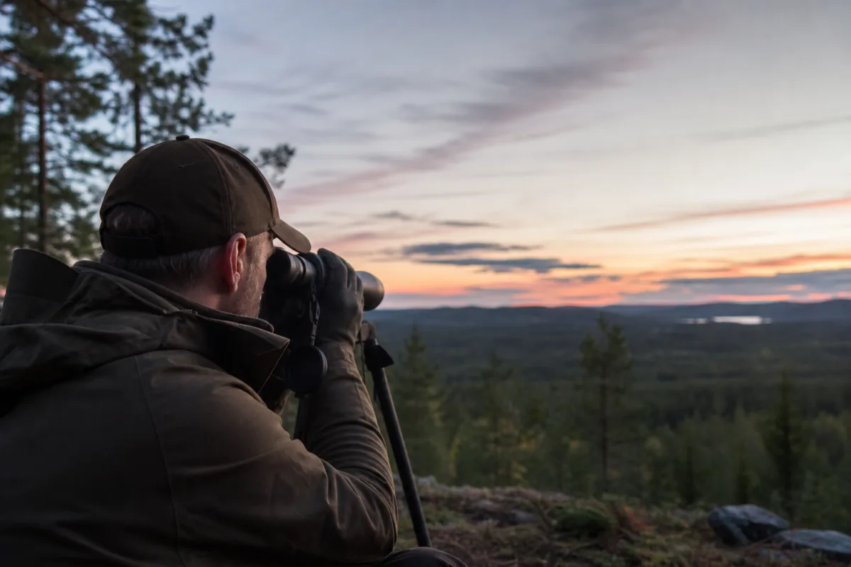 Kikarsikte i svagt kvällsljus under skymningsjakt