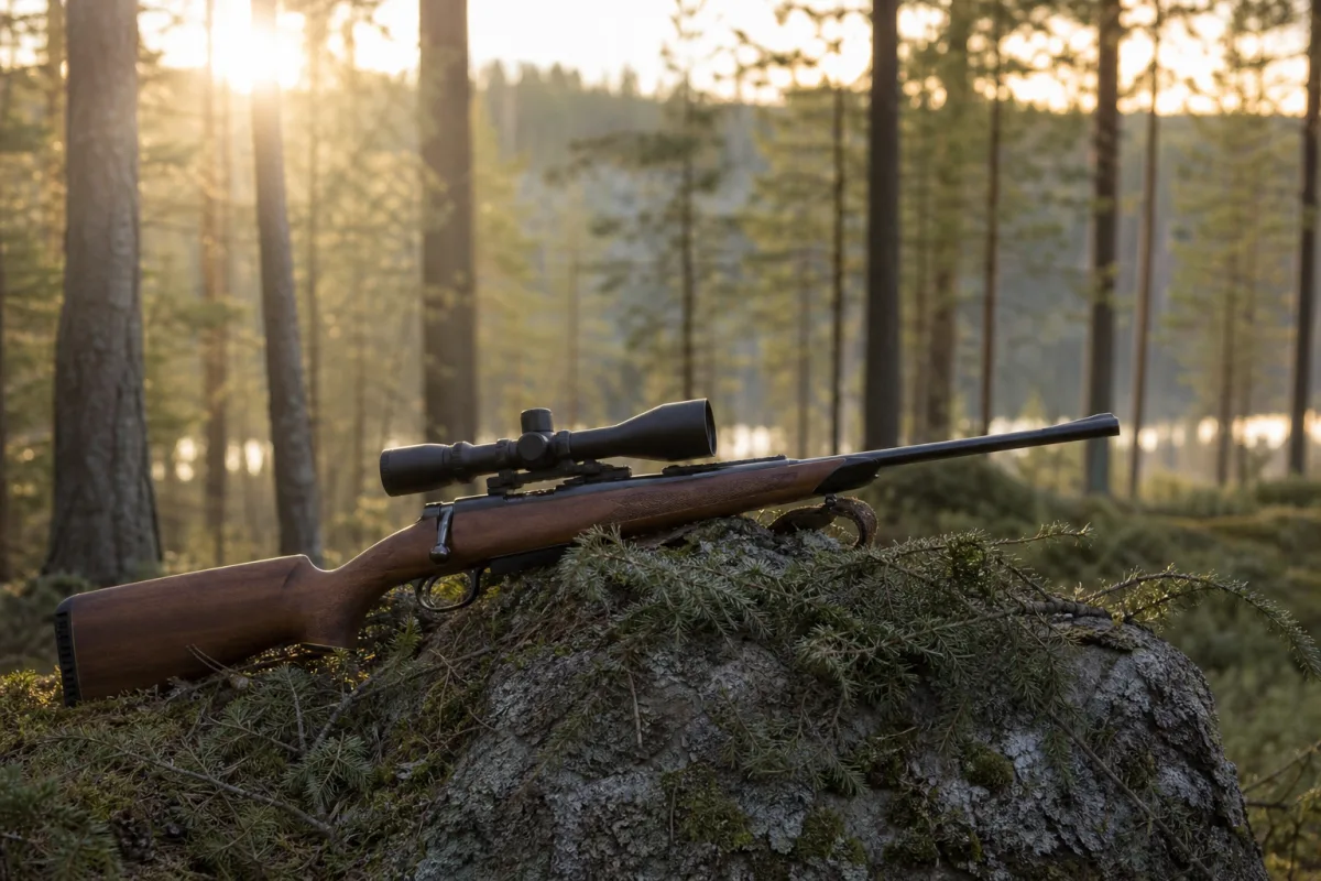 Kikarsikte monterat på jaktvapen i skogsmiljö