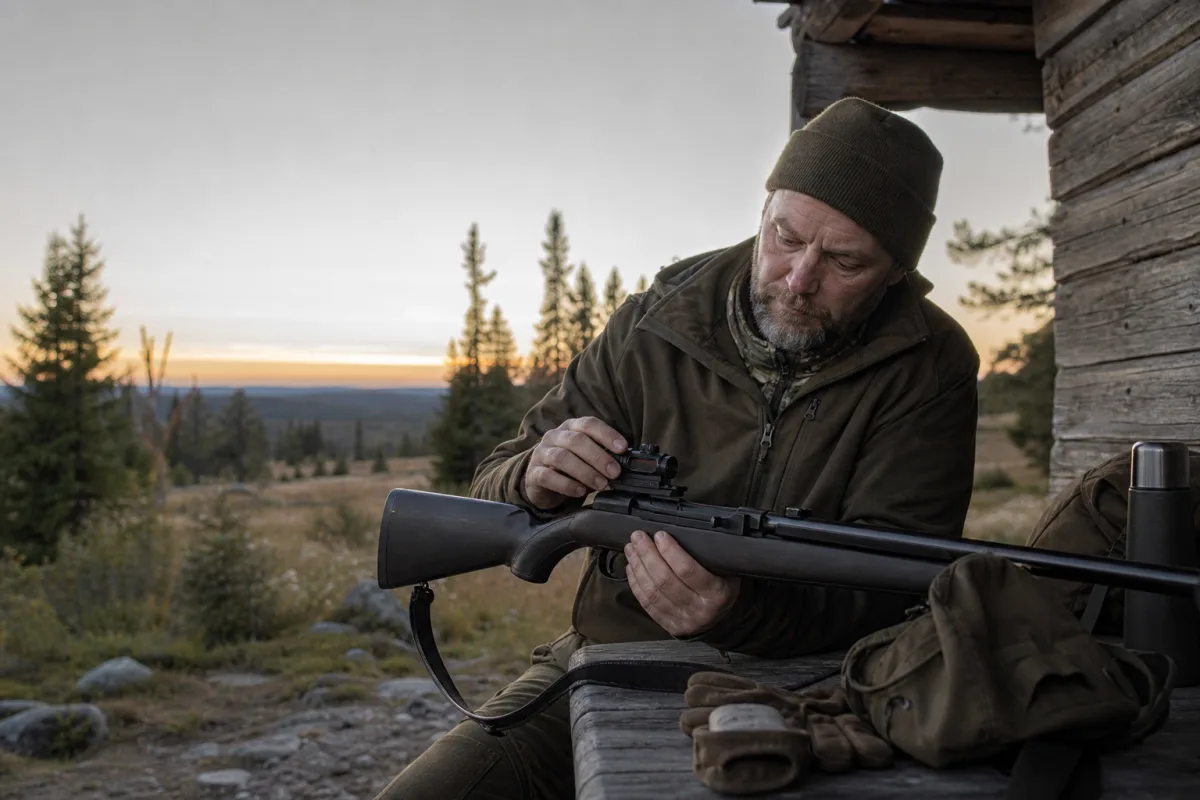 Rödpunktsikte monterat på jaktvapen redo för närjakt
