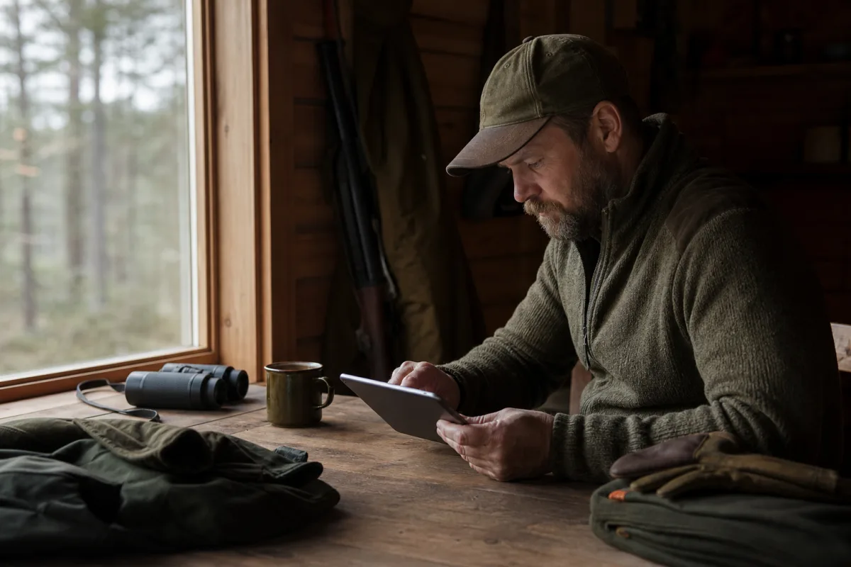 Jägare läser aktuell information om vapenregler på surfplatta i jaktstugan
