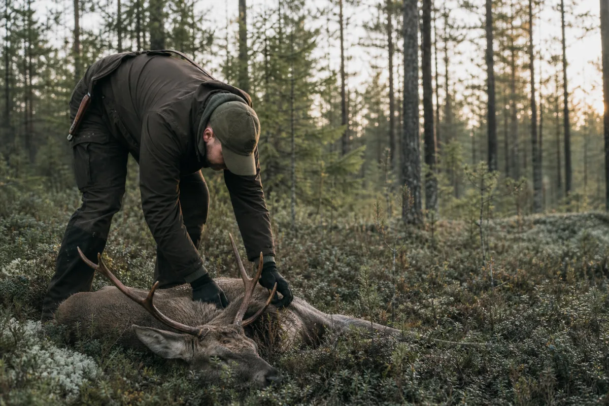 Jägare böjd över fällt vilt i skogsmark strax efter skottet