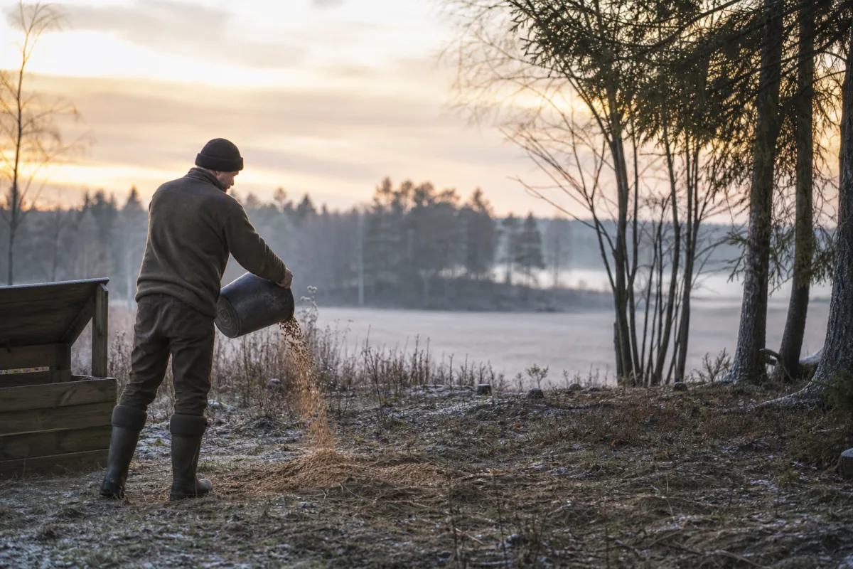 Utfodringsplats för vilt vid skogsbryn under vintern