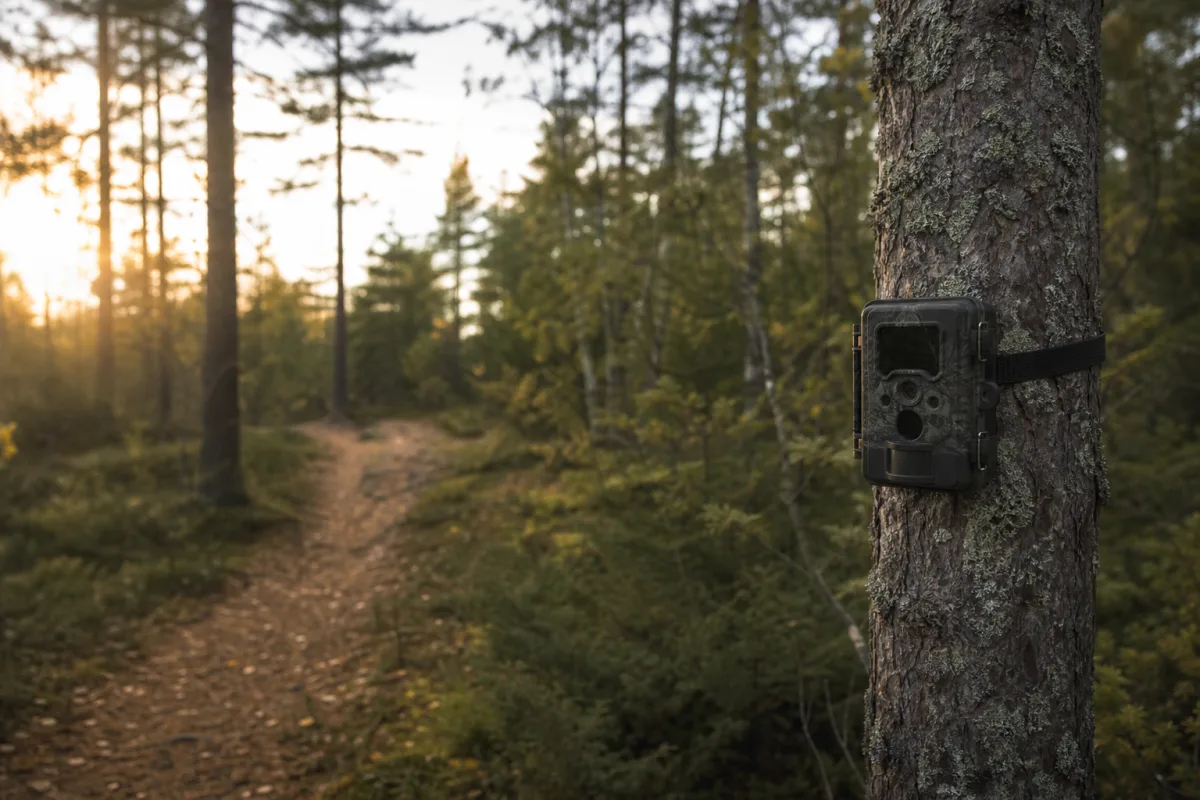 Viltkamera monterad på trädstam vid skogsstig